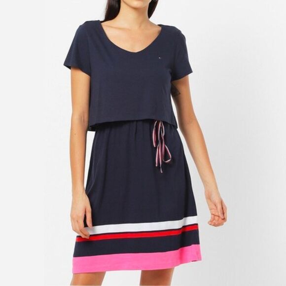 Tommy Hilfiger Navy Blue Short Sleeve Popover Dress Pink & Red Contrast Stripe L - Picture 1 of 6